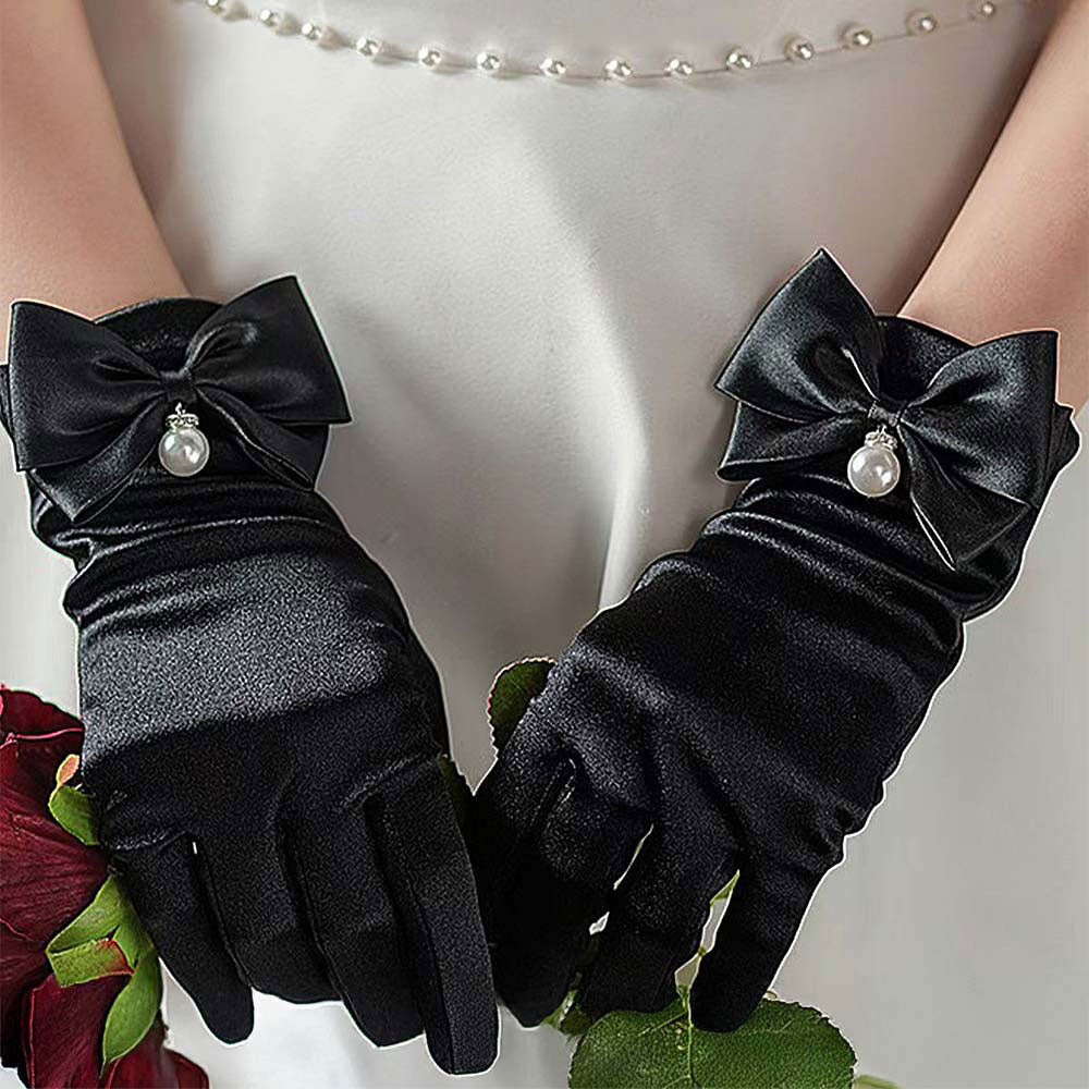 Dressy Satin Feel Pearl Charm Bow Accent Gloves