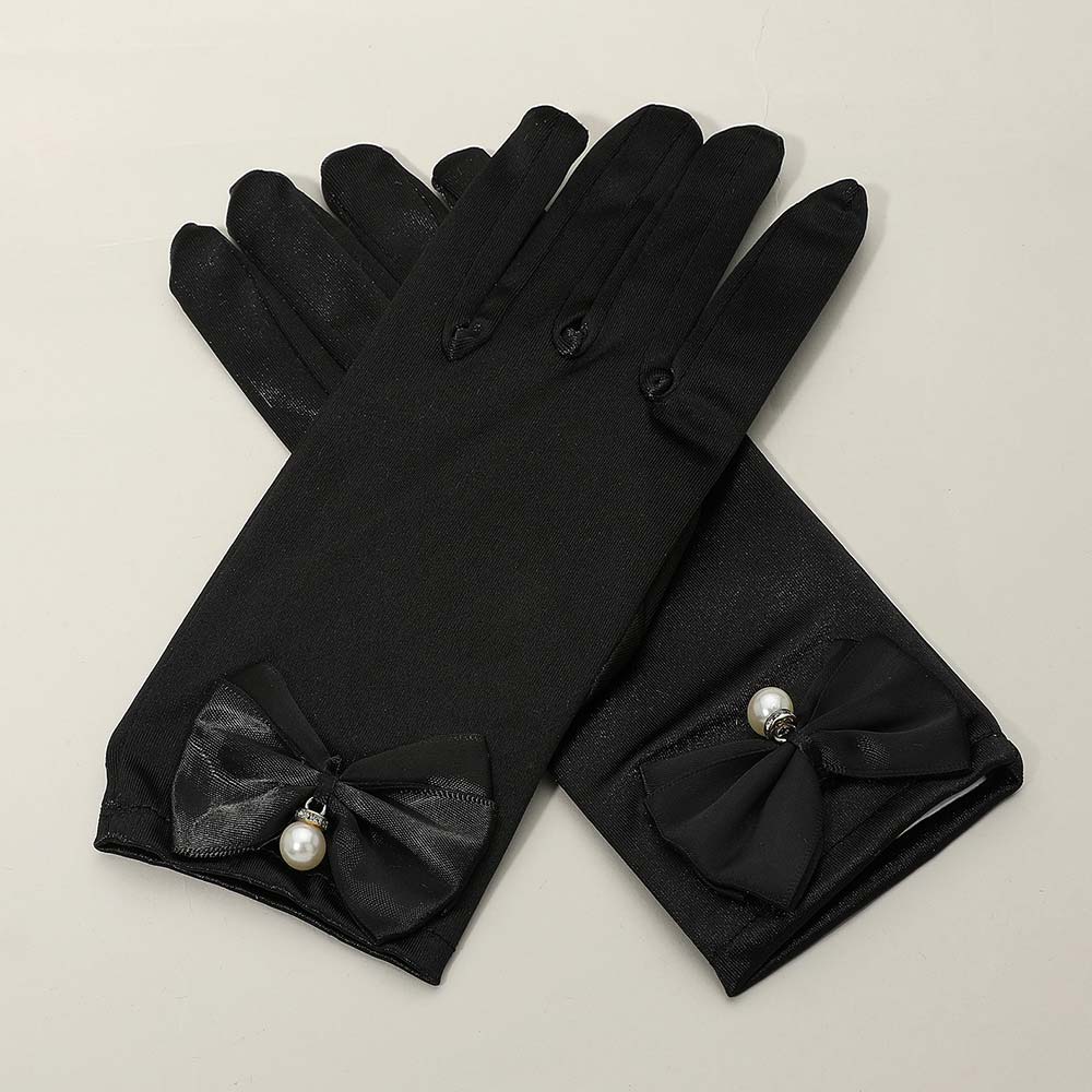 Dressy Satin Feel Pearl Charm Bow Accent Gloves