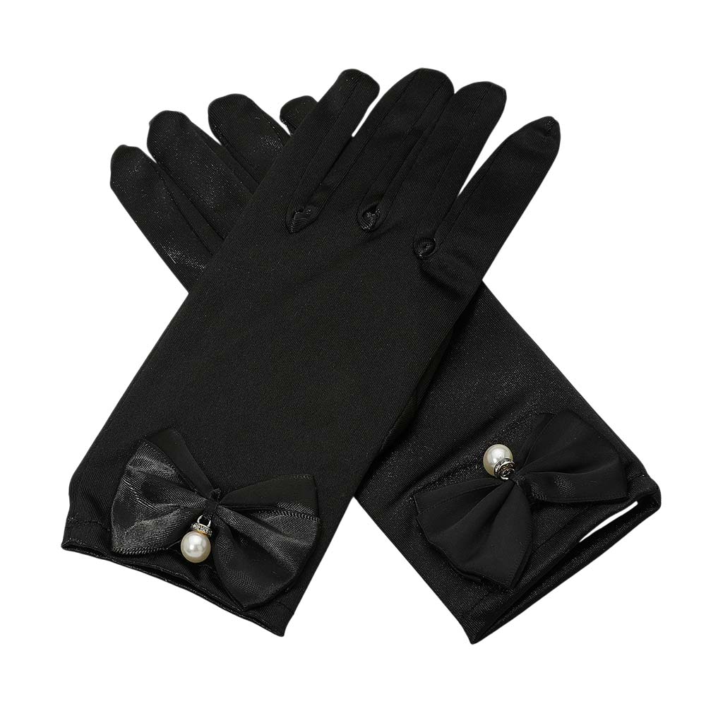 Dressy Satin Feel Pearl Charm Bow Accent Gloves