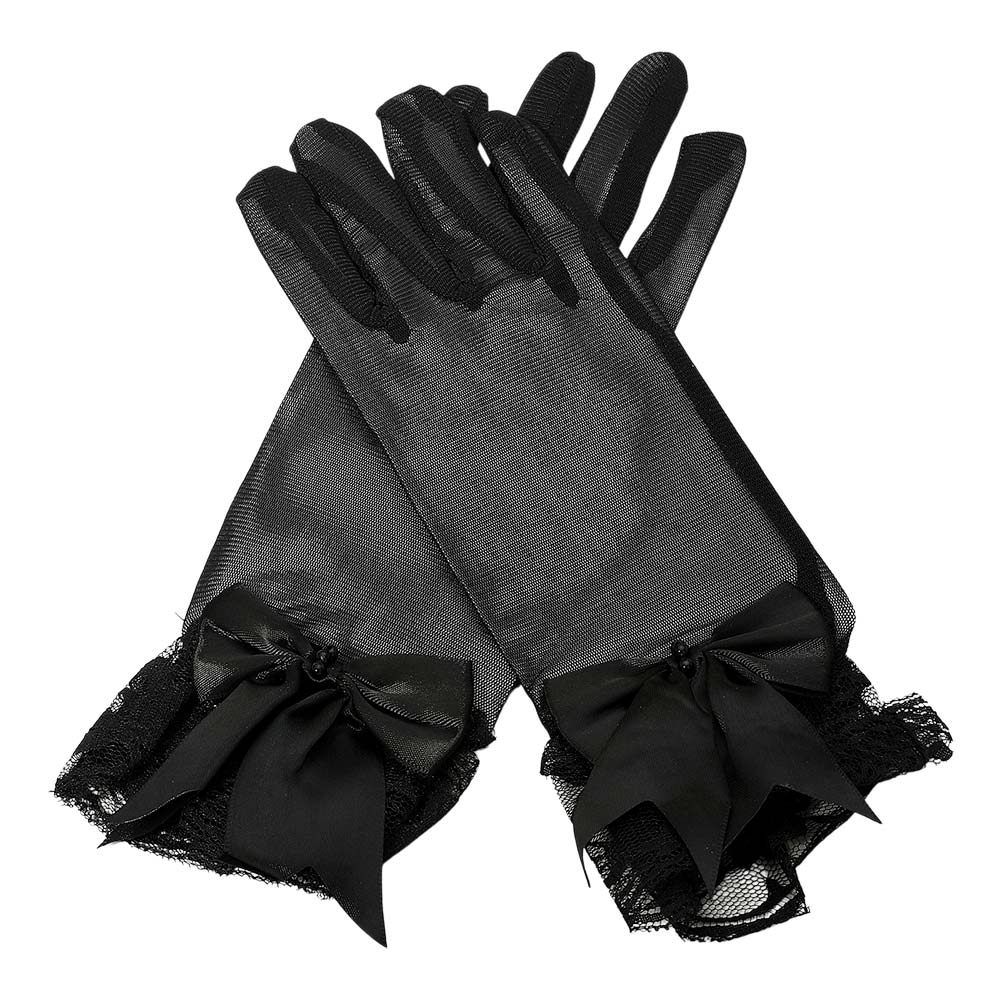Dressy Sheer Lace Satin Bow Trim Gloves