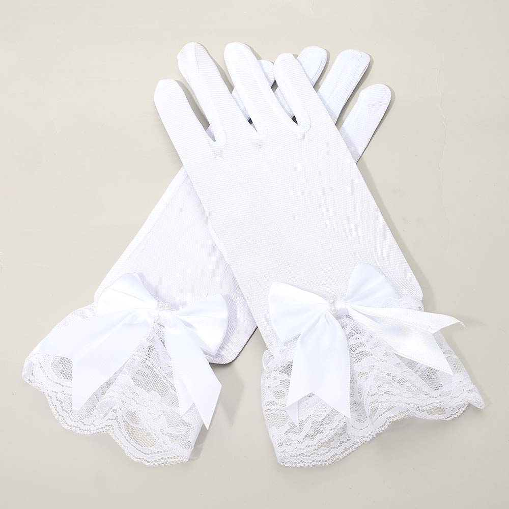 Dressy Sheer Lace Satin Bow Trim Gloves