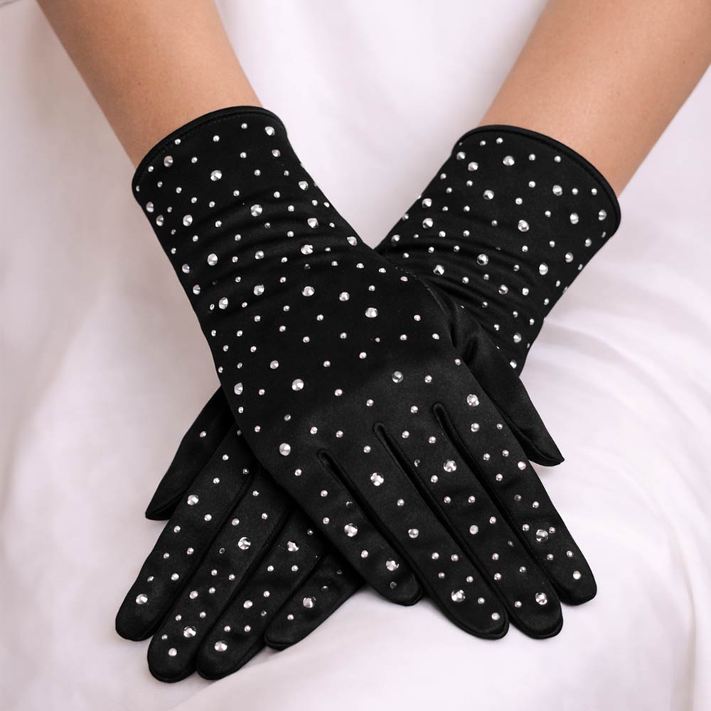 Stone Embellished Dressy Satin Wedding Gloves