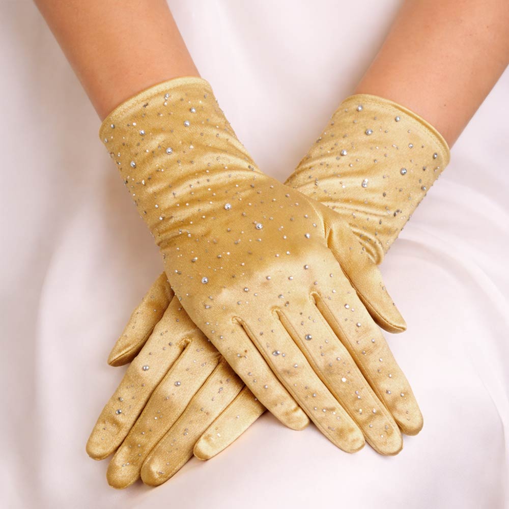 Stone Embellished Dressy Satin Wedding Gloves