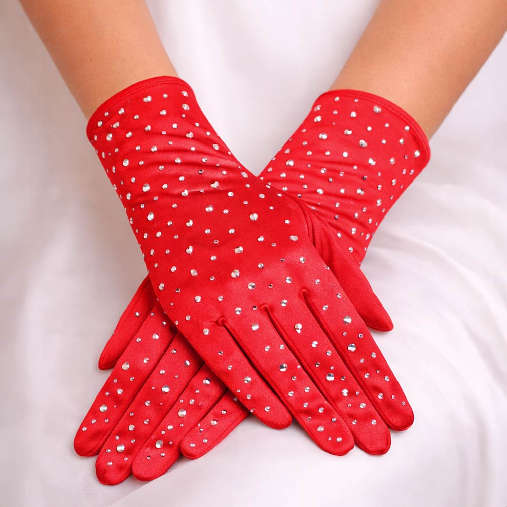 Stone Embellished Dressy Satin Wedding Gloves