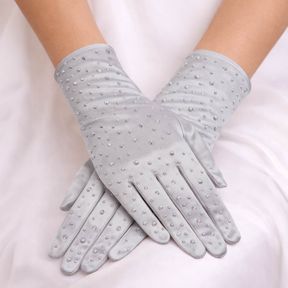 Stone Embellished Dressy Satin Wedding Gloves