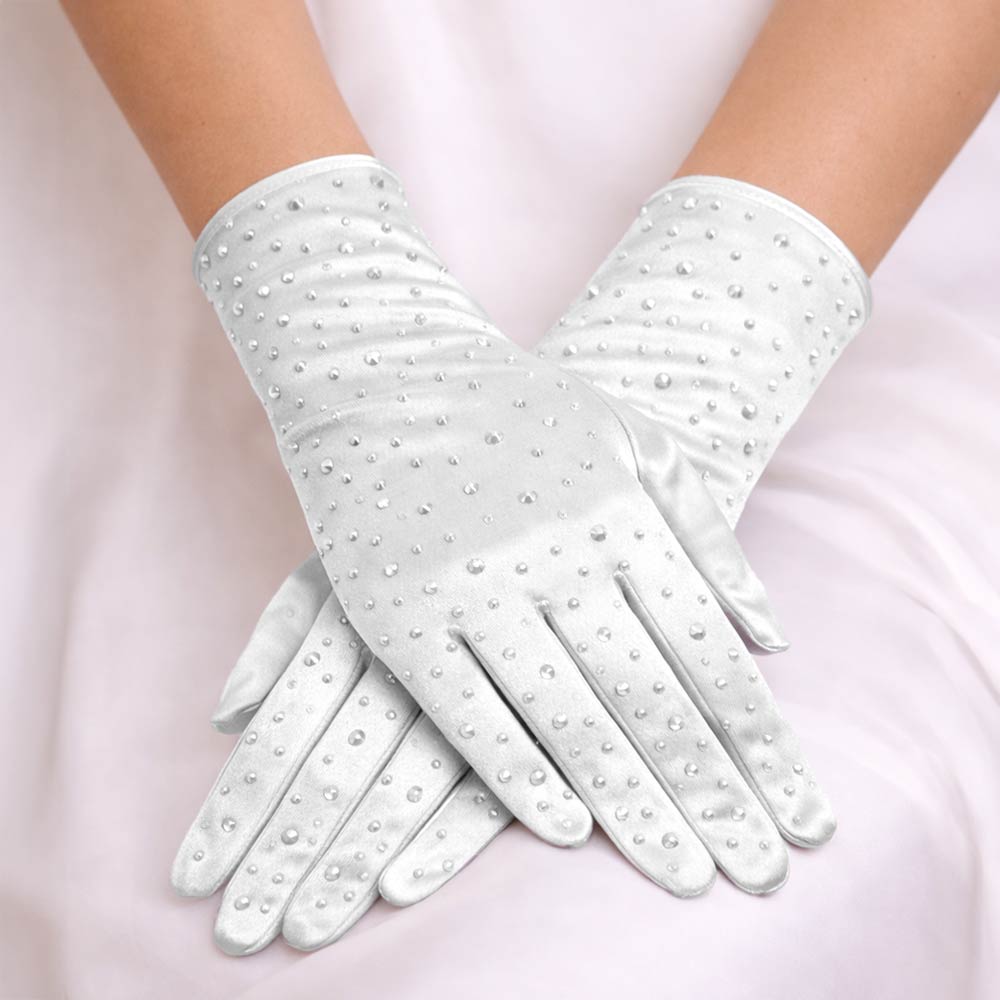 Stone Embellished Dressy Satin Wedding Gloves