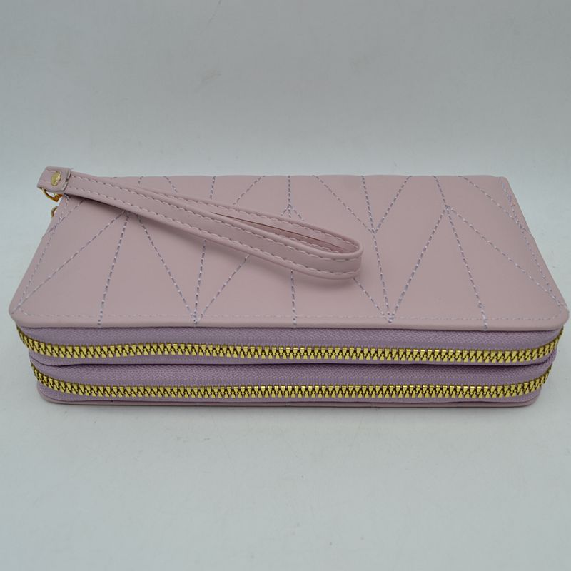 Geometric Stitched Double Zipper Wallet with Wristlet Strap