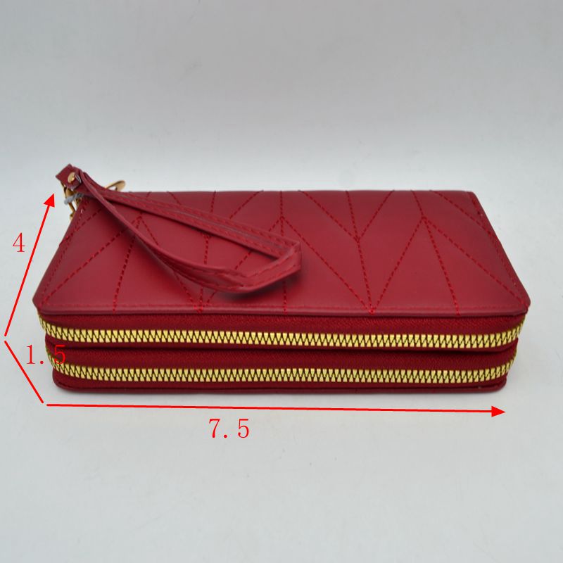 Geometric Stitched Double Zipper Wallet with Wristlet Strap