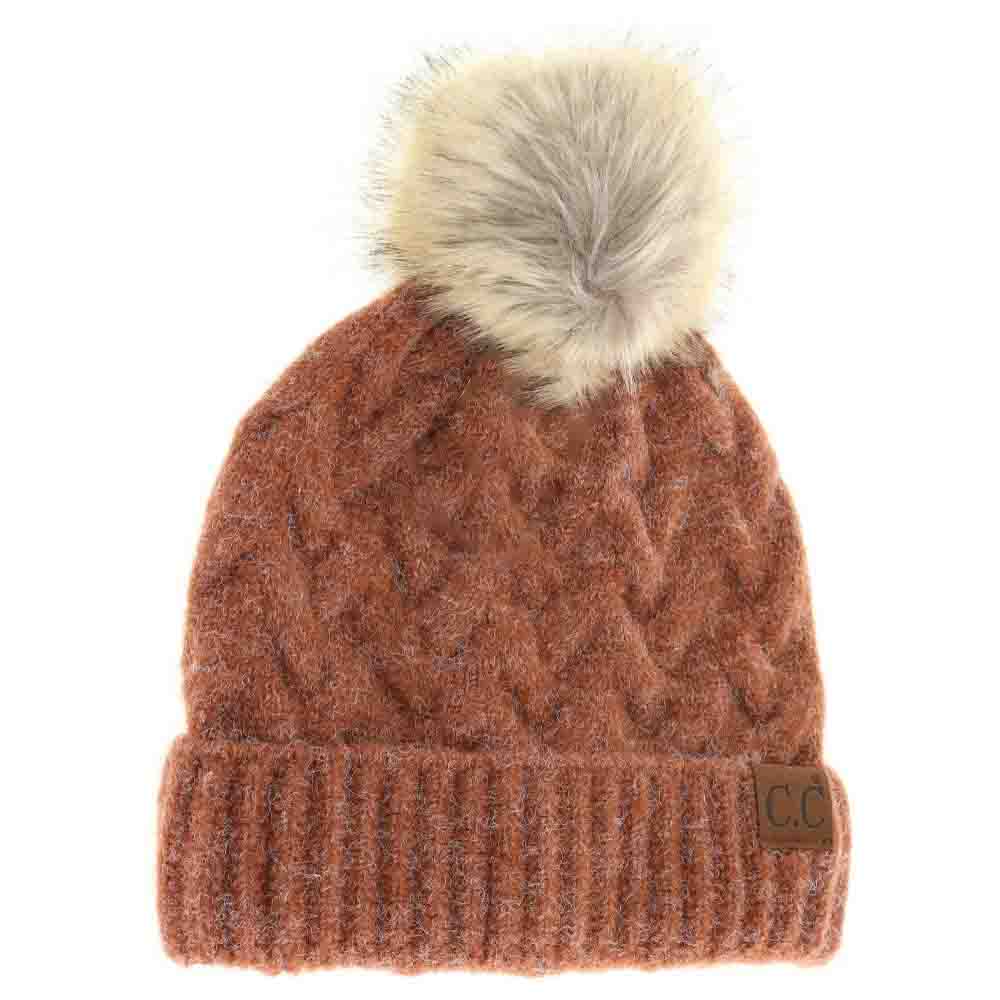 Chunky Braided Cable Knit Fur Pom C.C Beanie