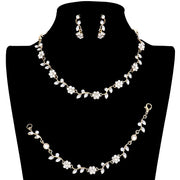 3PCS Flower Leaf Cluster Rhinestone Necklace Jewelry Set
