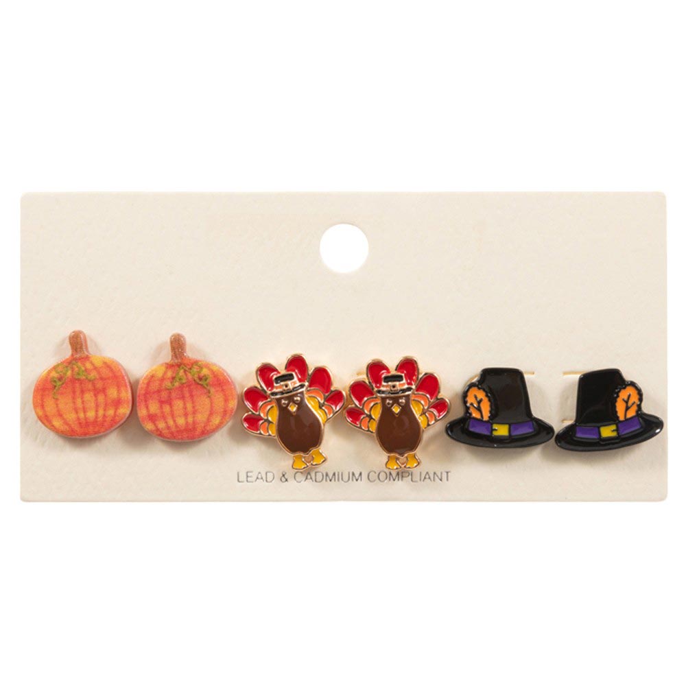 3Pairs - Enamel Thanksgiving Turkey Pumpkin Hat Stud Earring Set
