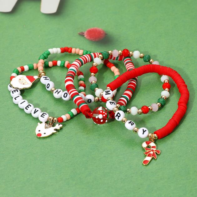 5PCS - Santa Candy Cane Reindeer Charm MERRY HOHOHO Message Heishi Beaded Stretch Multi Layered Bracelets