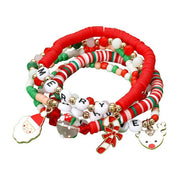 5PCS - Santa Candy Cane Reindeer Charm MERRY HOHOHO Message Heishi Beaded Stretch Multi Layered Bracelets