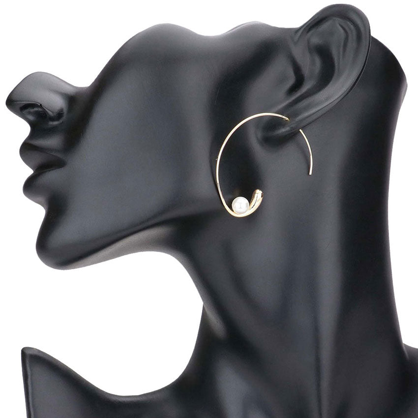 Pearl Accented Metal Hoop Earrings