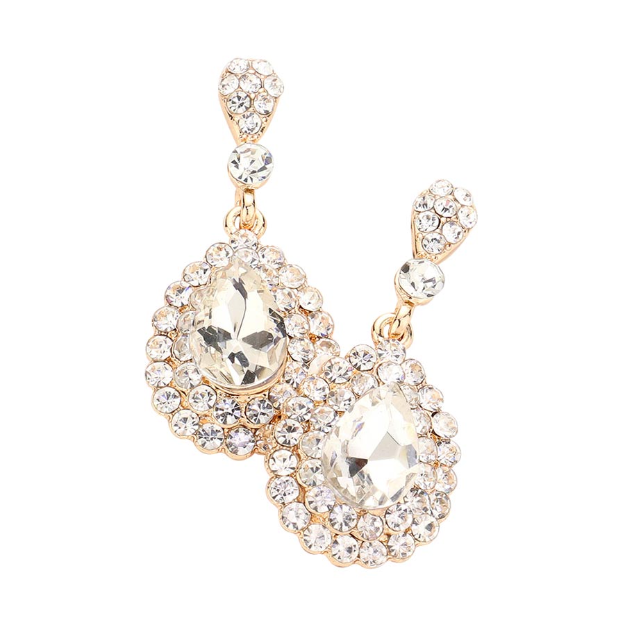 Crystal Rhinestone Trim Teardrop Stone Evening Earrings
