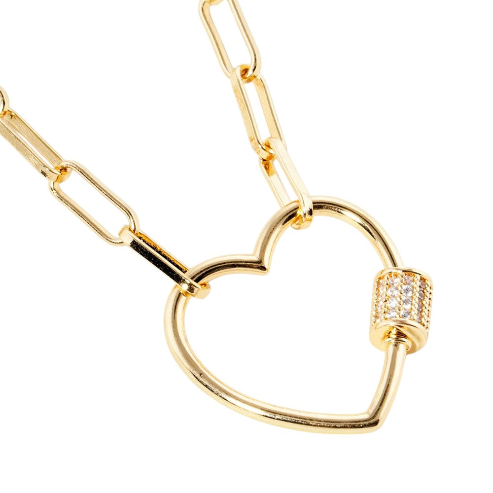 Gold Dipped CZ Open Heart Carabiner Pendant Paperclip Necklace