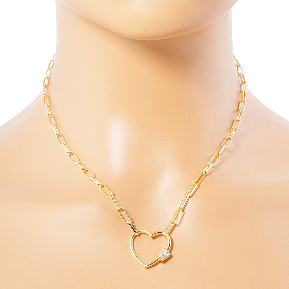 Gold Dipped CZ Open Heart Carabiner Pendant Paperclip Necklace