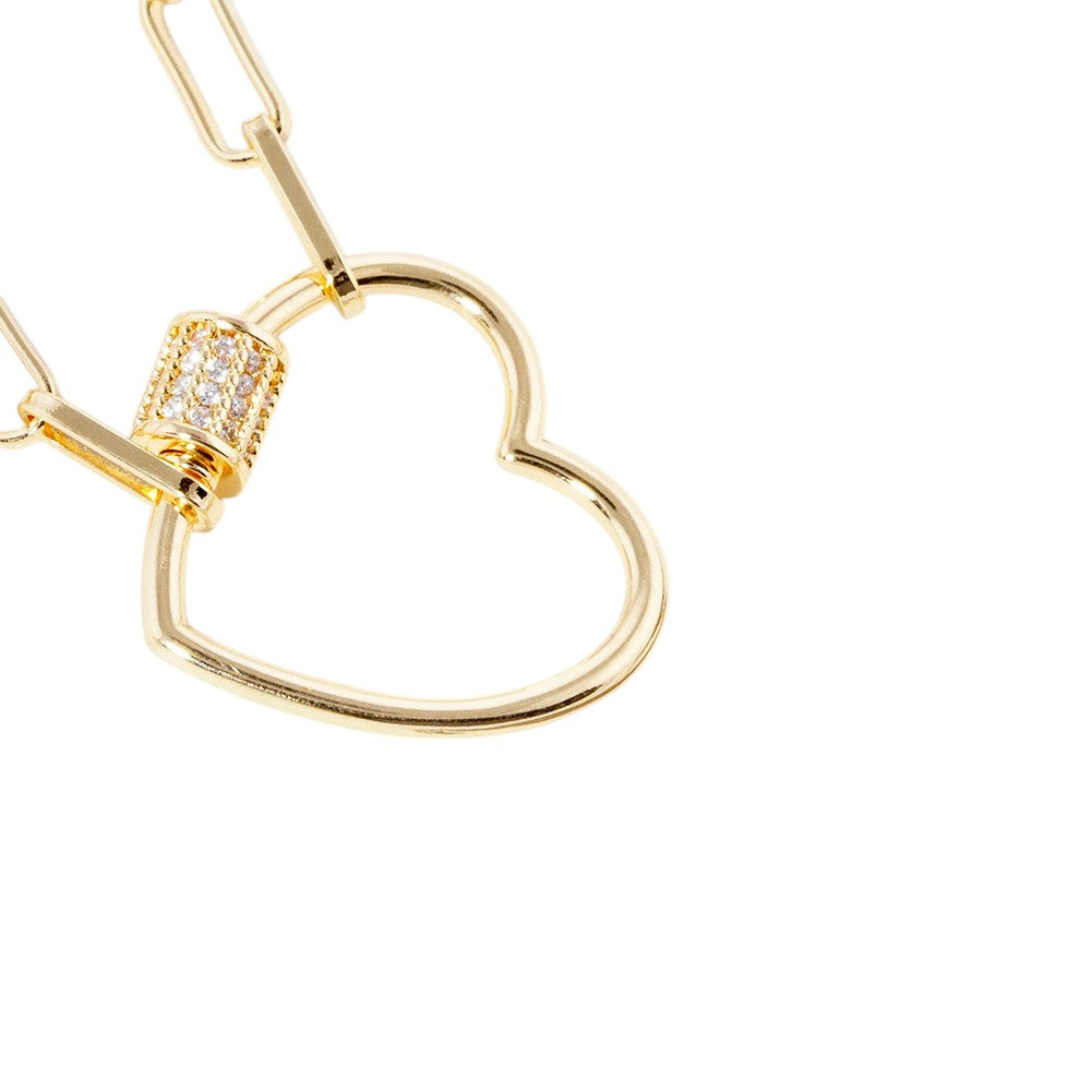 Gold Dipped CZ Open Heart Carabiner Pendant Paperclip Necklace