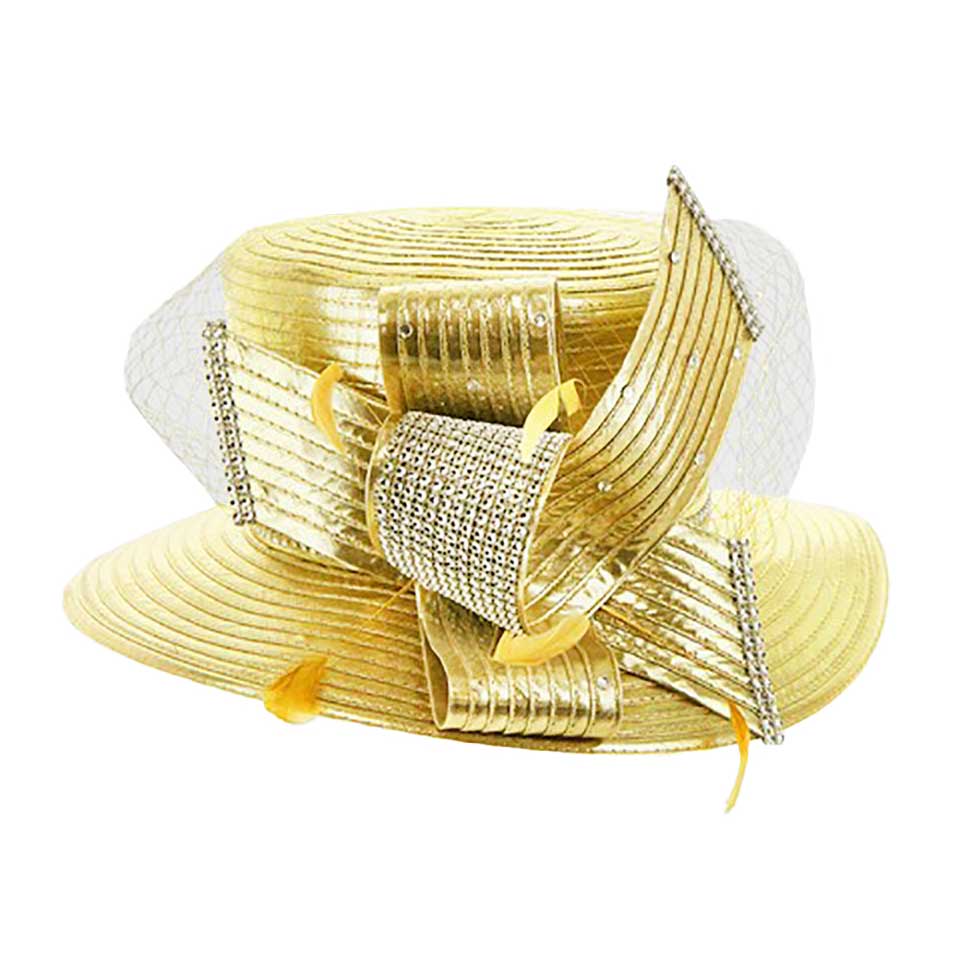 Feather Crystal Detail Metallic Satin Hat