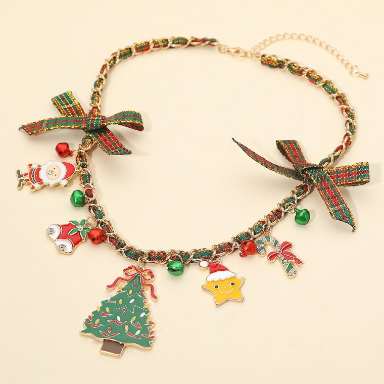 Festive Holiday Charm Station Bow Accent Ribbon Chain Necklace