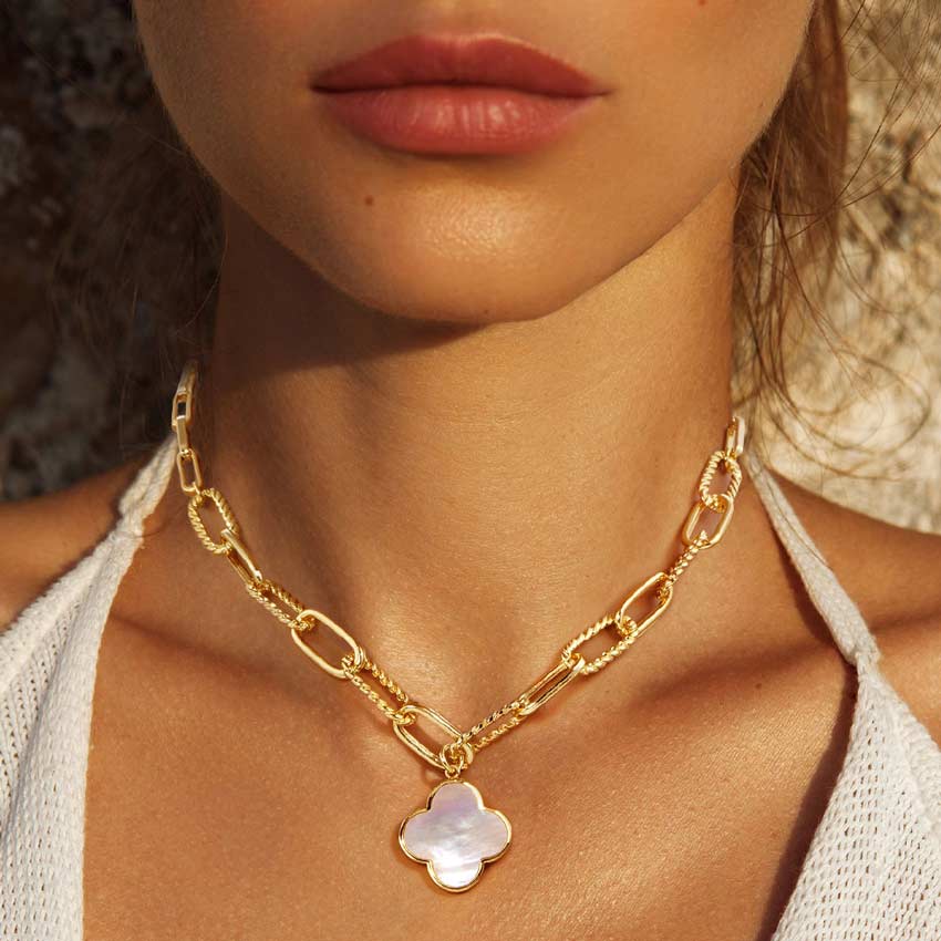 Gold Dipped Mother Of Pearl Quatrefoil Pendant Necklace