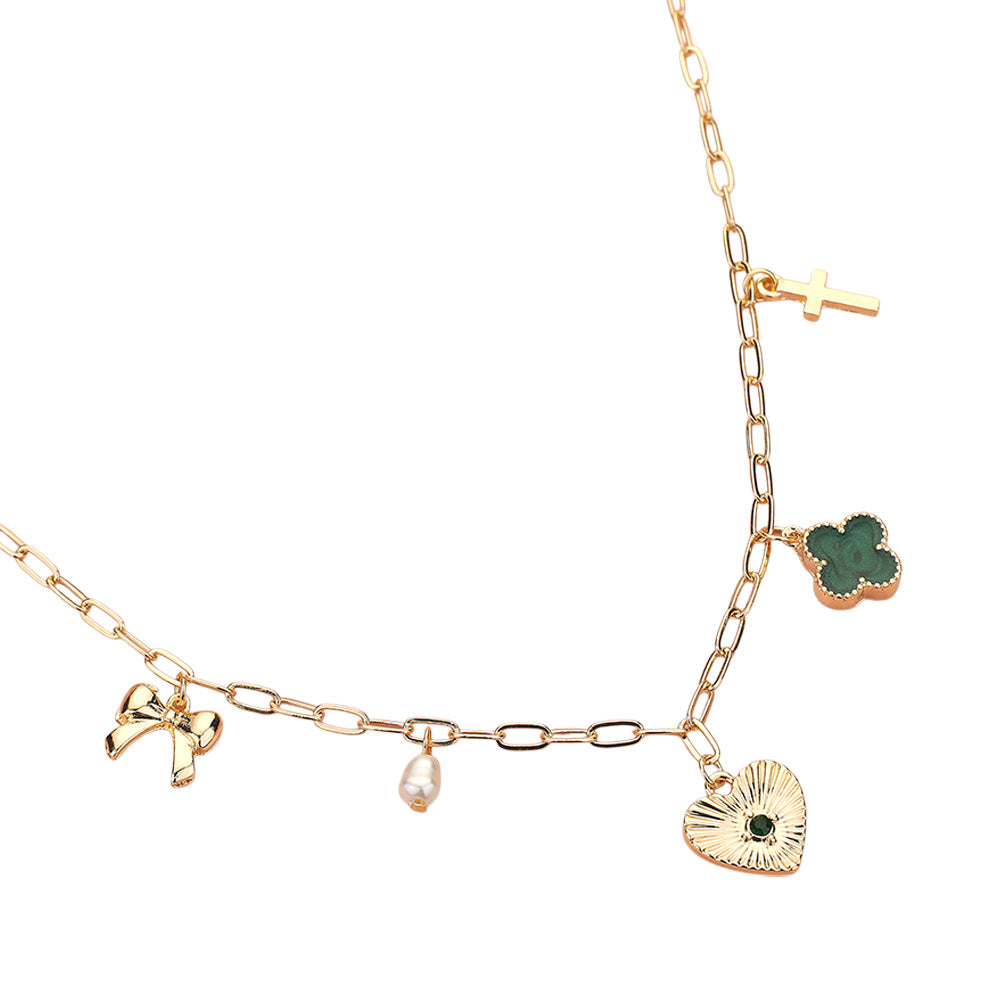 Heart Bow Pearl Quatrefoil Cross Charm Station Paperclip Chain Necklace