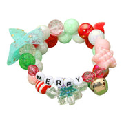 2PCS - MERRY Star Christmas Tree Bow Beaded Stretch Multi Layered Bracelets