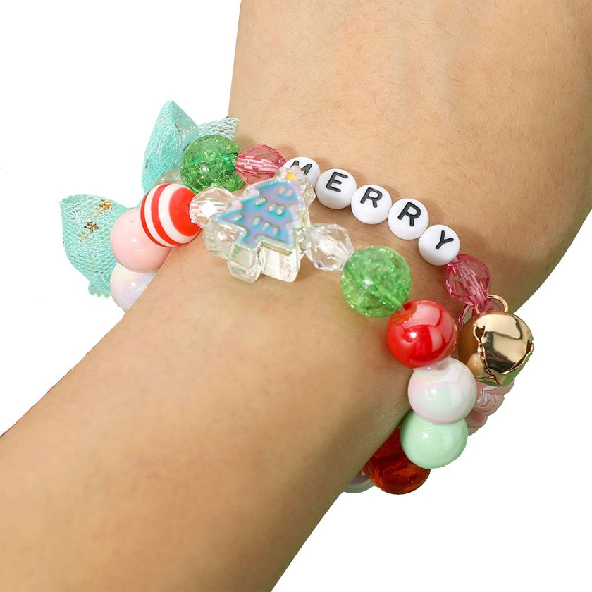 2PCS - MERRY Star Christmas Tree Bow Beaded Stretch Multi Layered Bracelets