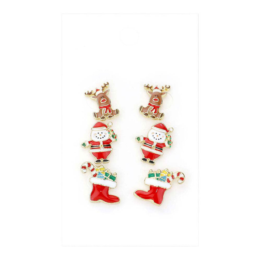 Colourful 3PCS Christmas Theme Enamel Stud Earrings