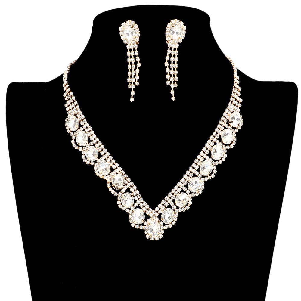 Oval Stone Accented V Shaped Rhinestone Necklace Earring Set