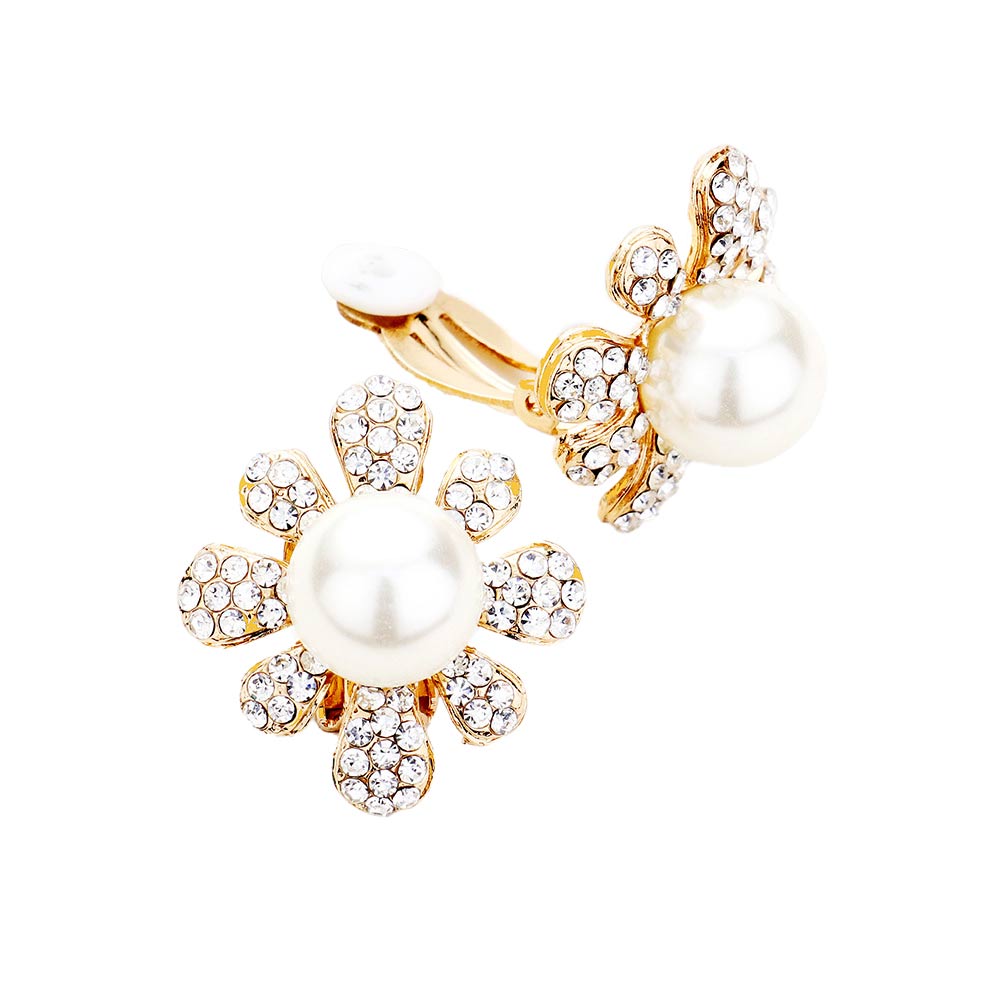 Pearl Centered Crystal Floral Clip On Earrings