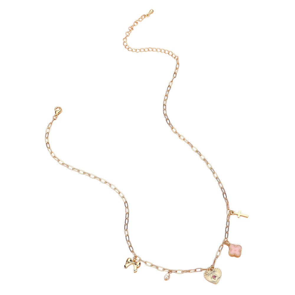 Heart Bow Pearl Quatrefoil Cross Charm Station Paperclip Chain Necklace