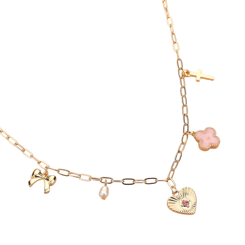 Heart Bow Pearl Quatrefoil Cross Charm Station Paperclip Chain Necklace