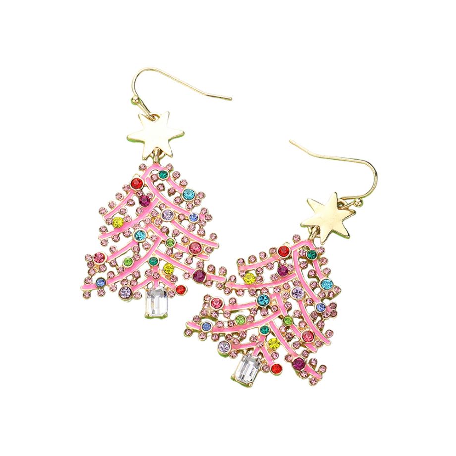 Stone Embellished Enamel Christmas Tree Dangle Earrings