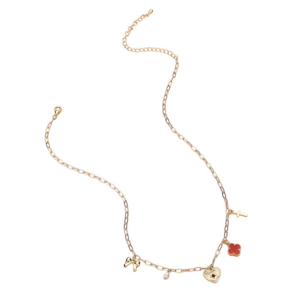 Heart Bow Pearl Quatrefoil Cross Charm Station Paperclip Chain Necklace