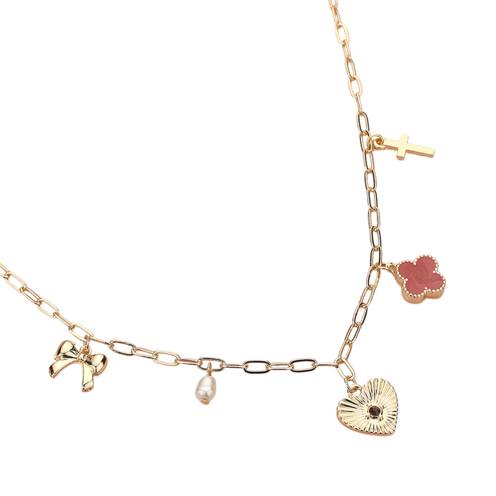 Heart Bow Pearl Quatrefoil Cross Charm Station Paperclip Chain Necklace