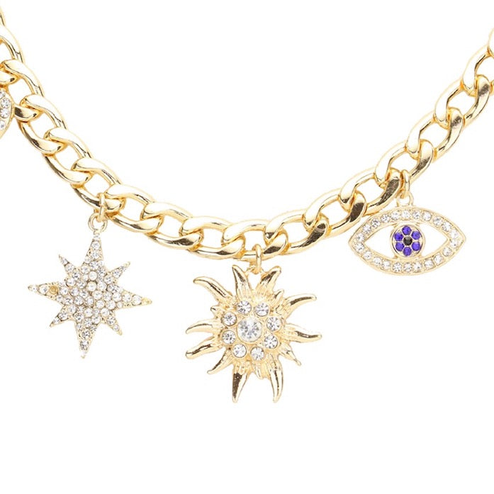 Rhinestone Heart Crystal North Star Charm Evil Eye Pendant Station Chain Necklace Earrings Set