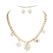 Rhinestone Heart Crystal North Star Charm Evil Eye Pendant Station Chain Necklace Earrings Set