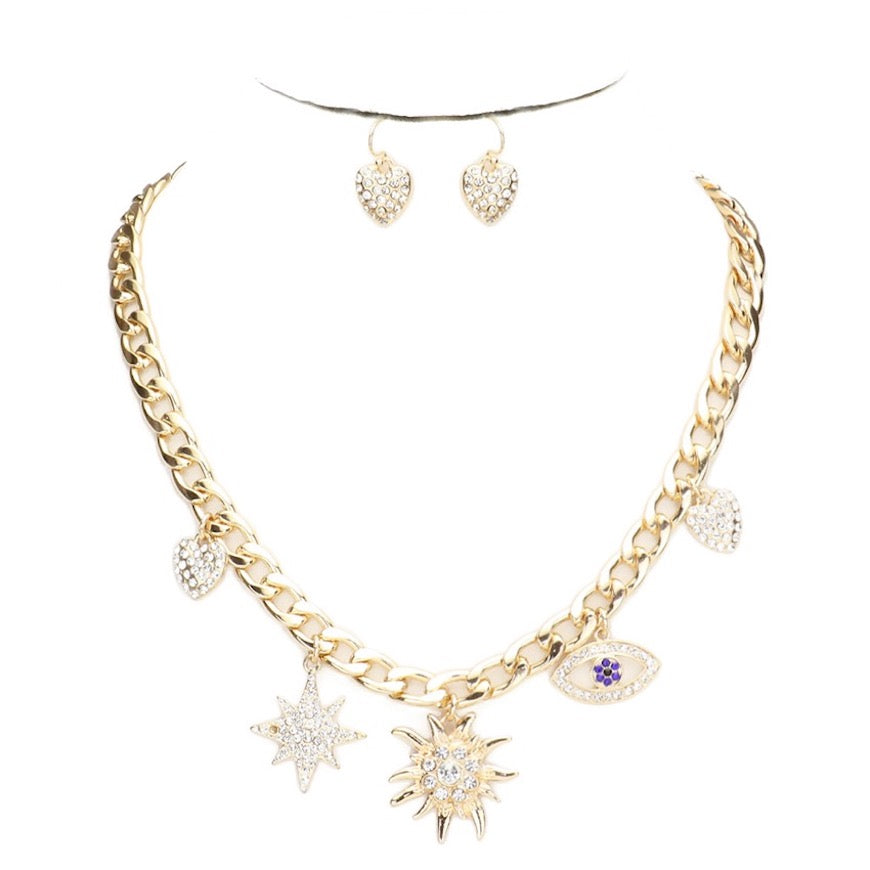 Rhinestone Heart Crystal North Star Charm Evil Eye Pendant Station Chain Necklace Earrings Set