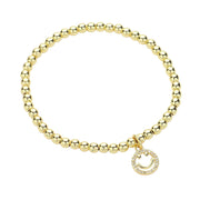 Stainless Steel Stone Paved Smile Emoji Charm Stretch Ball Bracelet