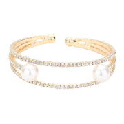 Trendy Pearl Accented Split Rhinestone Cuff Evening Bracelet