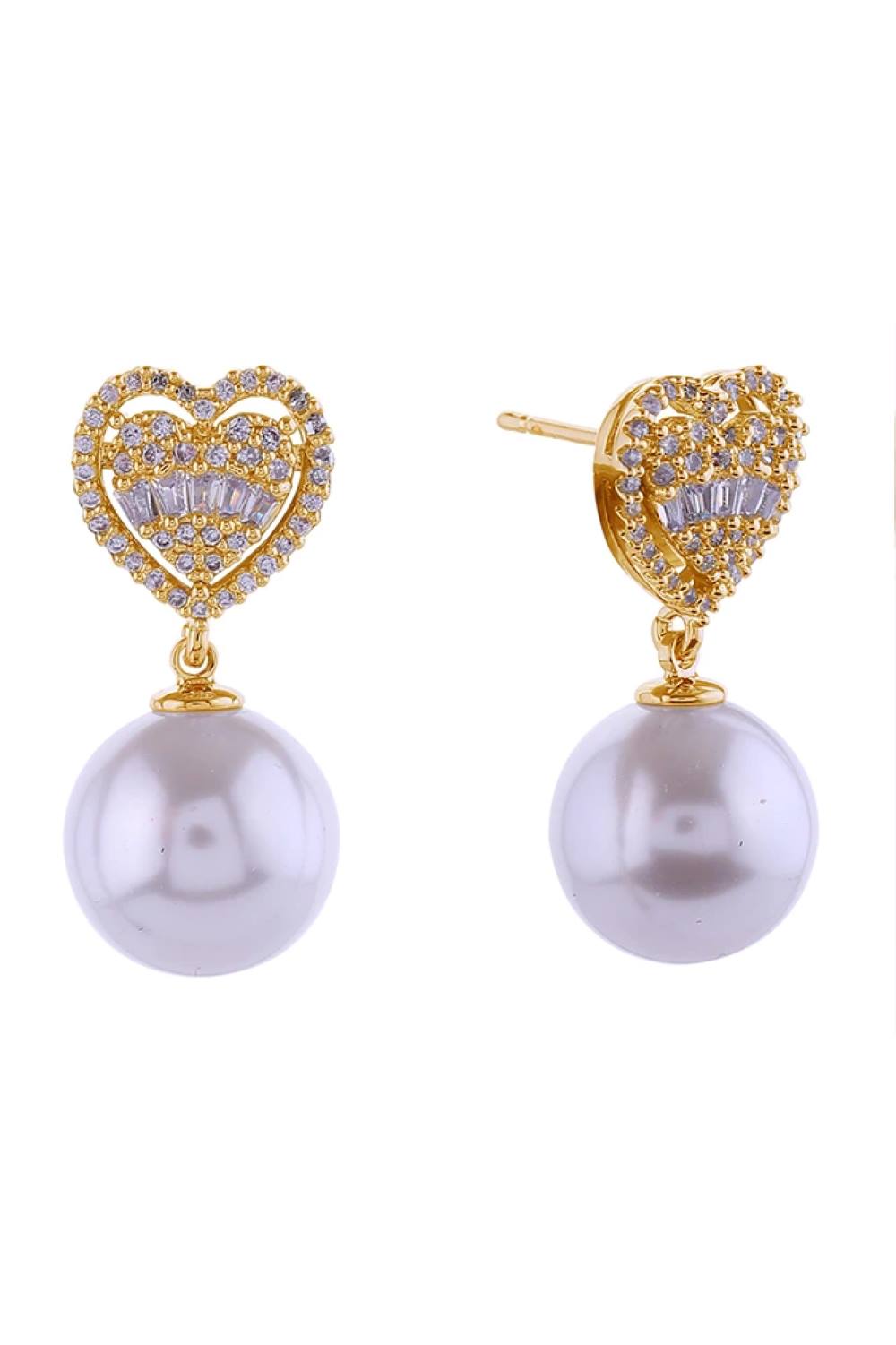14K Crystal Heart Top Pearl Dangle Earrings