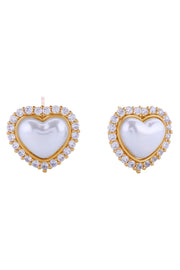 14K Heart Pearl Pave CZ Post Earrings