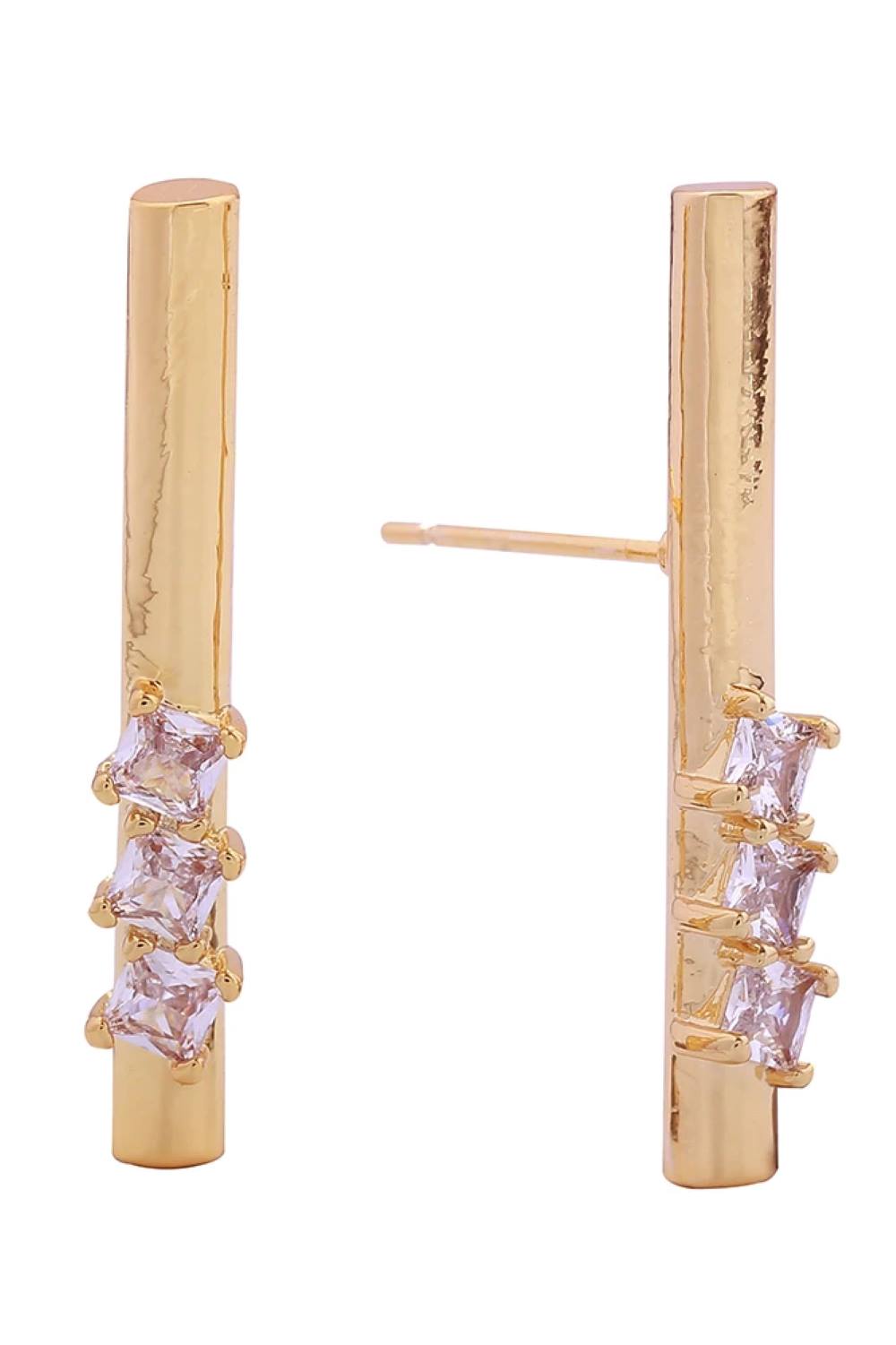 14K Long Bar Pave CZ Post Earring