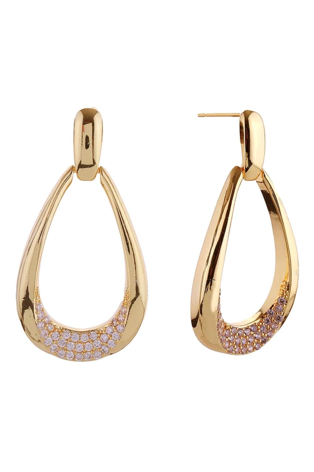 14K Tear Drop Dangle Hoop Pave CZ Post Earrings
