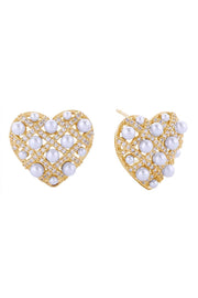 14K Woven CZ Pearl Heart Post Earrings