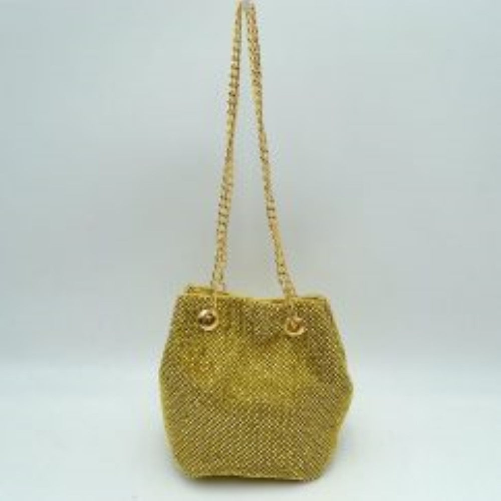 Textured Bucket Bag with Metallic Chain Straps