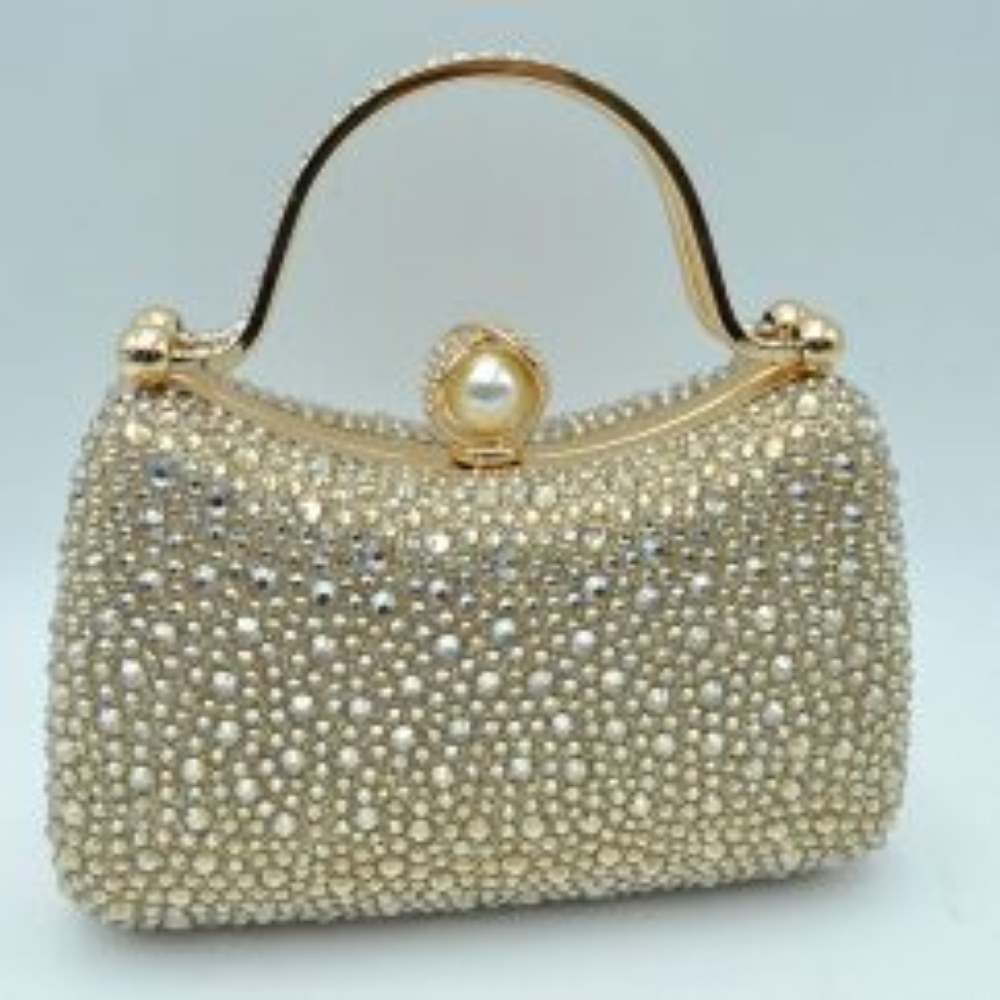Rhinestone Encrusted Evening Clutch Bag with Pearl Clasp and Metal Handle