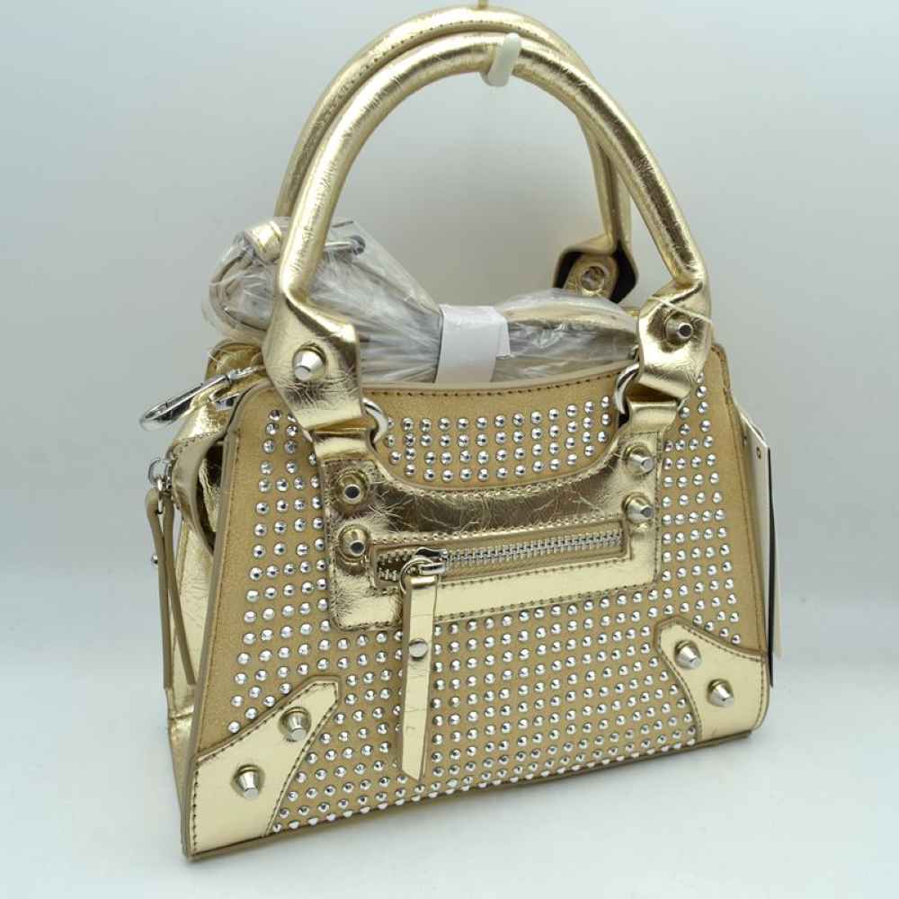Studded Satchel Handbag with Top Handles and Removable Strap