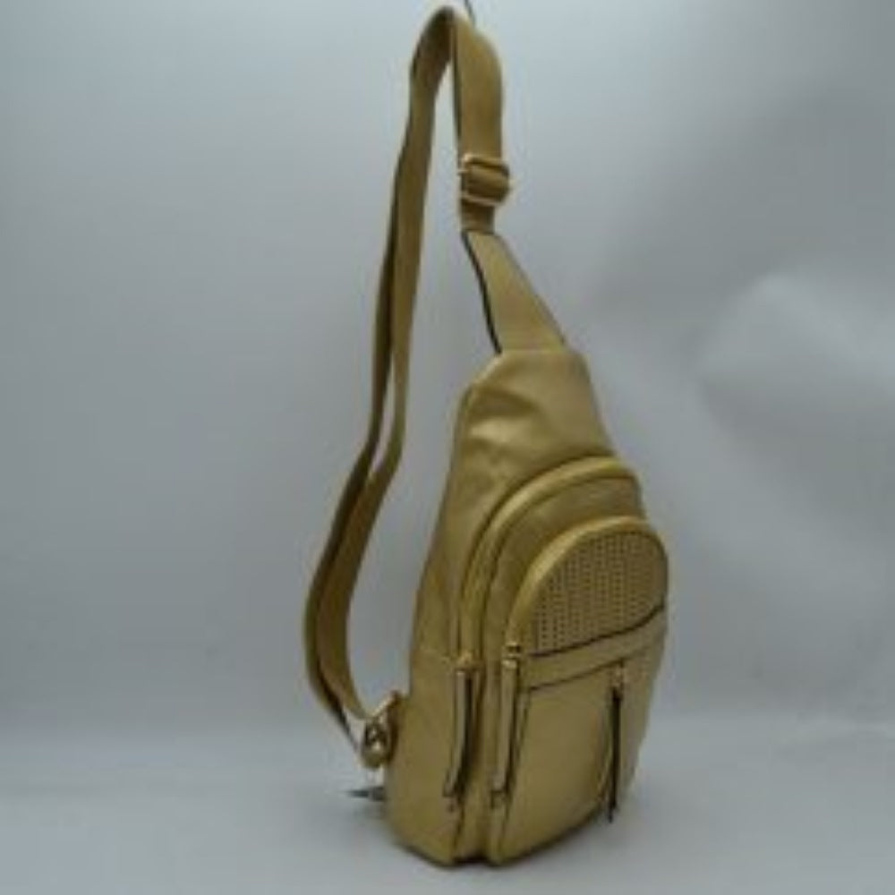 Grained Sling Bag with Perforated Accent and Gold Zippers